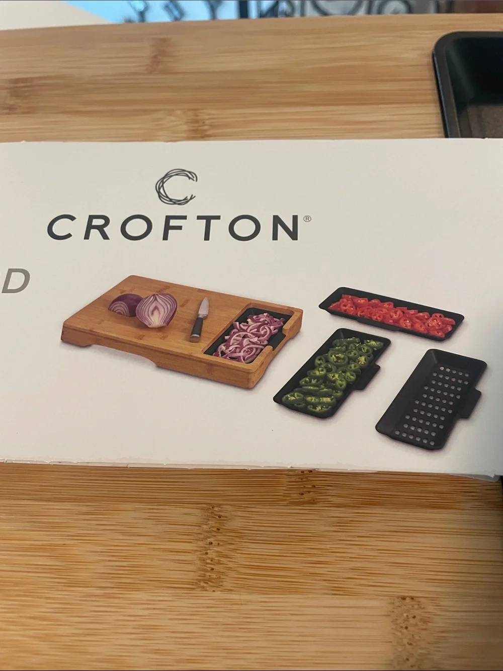 Crofton Bamboo Cutting Board with 4 Black Trays - Natural Bamboo